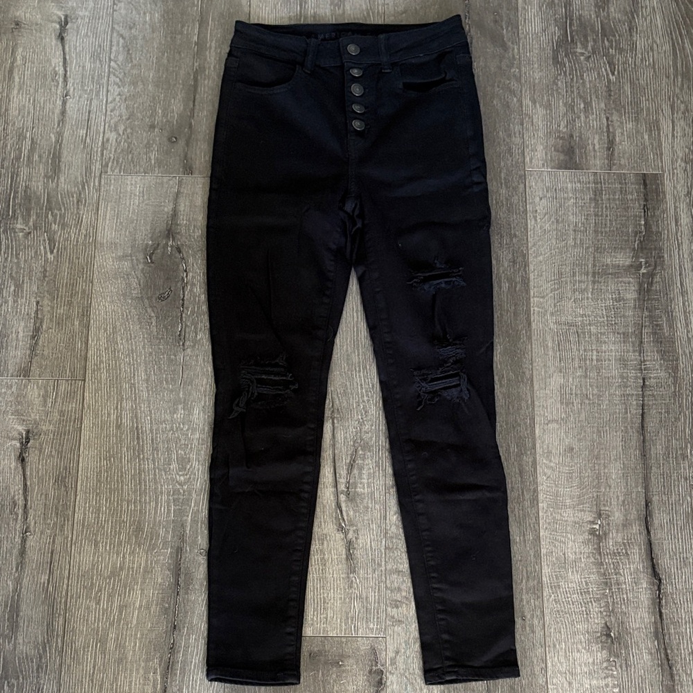 American Eagle Black Next Level Stretch Distressed Button-Fly Jeans Size 0 EUC